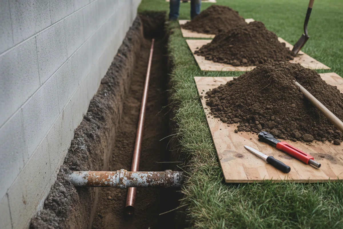 Excavated water line trench during Water Heater Repair in Woodhaven